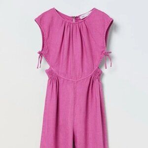 NWT Zara Girls Cut Out Linen Bow Jumper Jumpsuit Boho Pointelle Pink 11/12